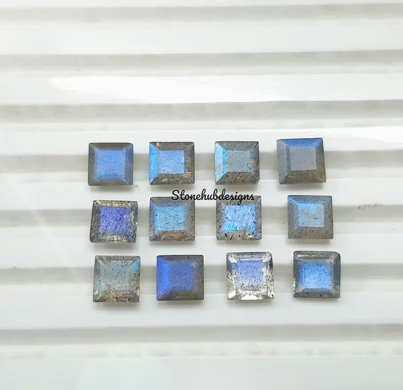5MM, 6MM Natural Labradorite Faceted Square Cut Stone, AAA Labradorite Faceted Square Loose Calibrated Blue flashy Cut Stone For jewelry