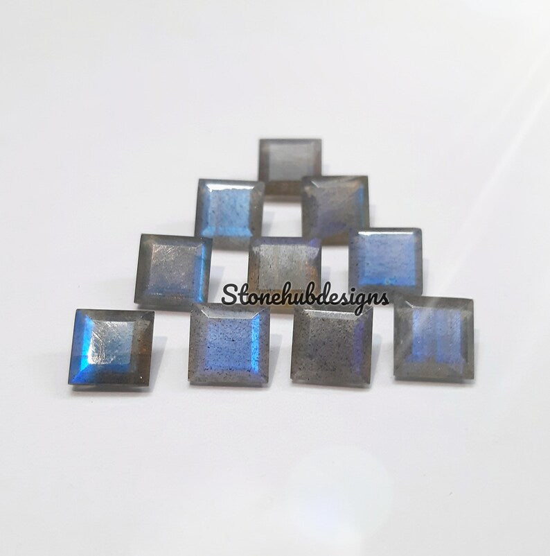 7MM, 8MM Natural Labradorite Faceted Square Cut Stone, AAA Labradorite Faceted Square Loose Calibrated Blue flashy Cut Stone For jewelry