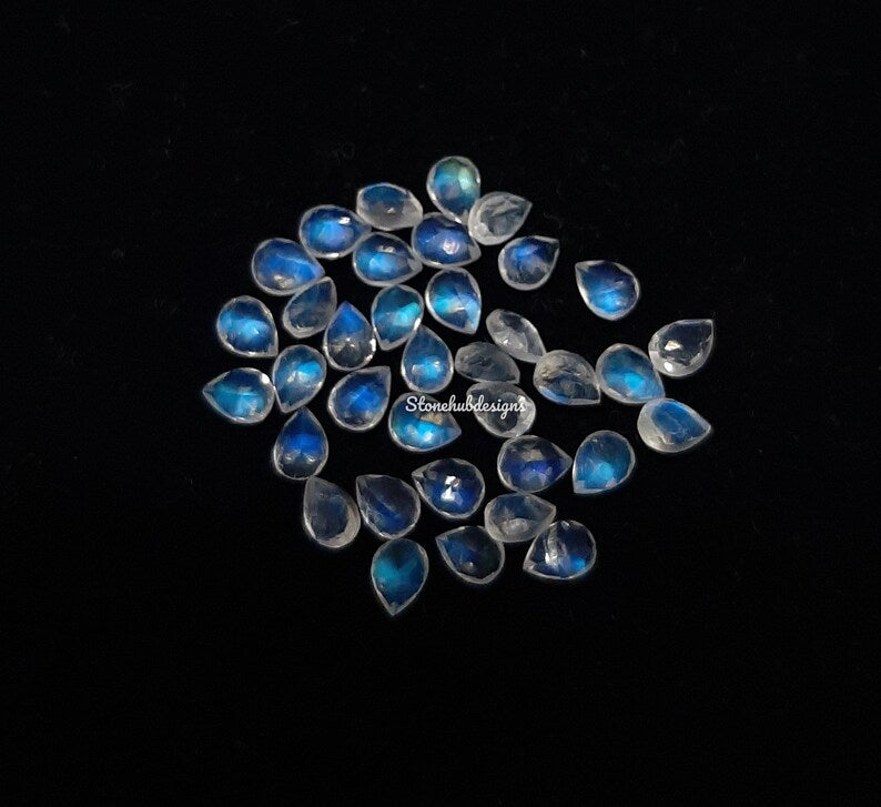 2x3MM, 3x4MM, 3x5MM, 4x6MM Natural Moonstone Faceted Pear Gemstone, AAA Moonstone Faceted Pear Blue Flash Calibrated Gemstone for Jewelry