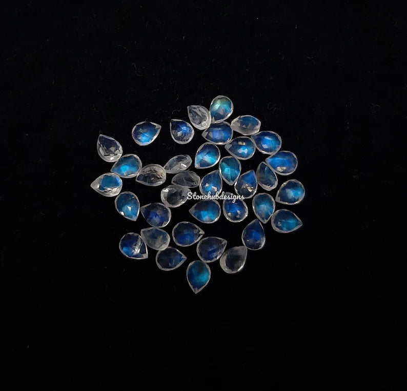 2x3MM, 3x4MM, 3x5MM, 4x6MM Natural Moonstone Faceted Pear Gemstone, AAA Moonstone Faceted Pear Blue Flash Calibrated Gemstone for Jewelry