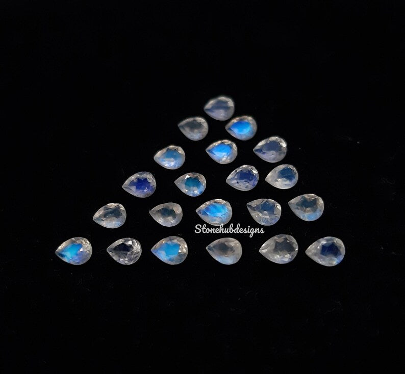 2x3MM, 3x4MM, 3x5MM, 4x6MM Natural Moonstone Faceted Pear Gemstone, AAA Moonstone Faceted Pear Blue Flash Calibrated Gemstone for Jewelry